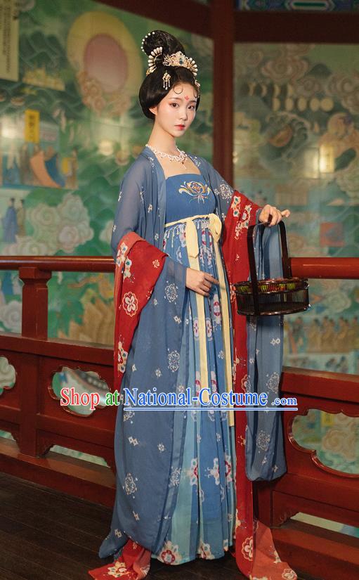 Chinese Tang Dynasty Imperial Concubine Costumes Ancient Court Woman Blue Cape and Dress Traditional Hanfu Apparels