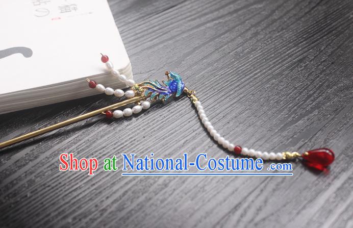 Chinese Classical Cloisonne Phoenix Hair Clip Hair Accessories Handmade Ancient Hanfu Pearls Tassel Hairpin for Women