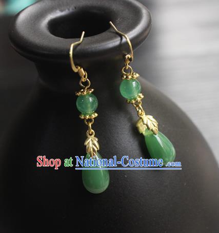 Handmade Chinese Women Green Jade Ear Accessories Classical Hanfu Eardrop Earrings