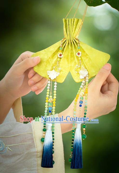 Chinese Classical Ginkgo Leaf Waist Accessories Ancient Princess Hanfu Yellow Silk Sachet Tassel Pendant