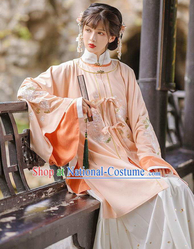 Chinese Ming Dynasty Historical Costumes Traditional Hanfu Apparels Ancient Patrician Lady Pink Gown and Skirt Complete Set