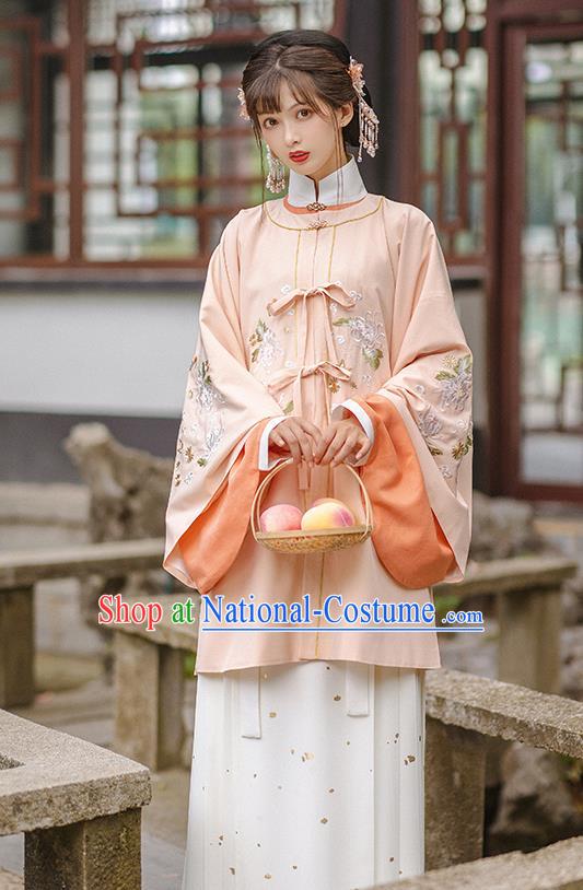 Chinese Ming Dynasty Historical Costumes Traditional Hanfu Apparels Ancient Patrician Lady Pink Gown and Skirt Complete Set