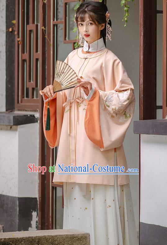 Chinese Ming Dynasty Historical Costumes Traditional Hanfu Apparels Ancient Patrician Lady Pink Gown and Skirt Complete Set