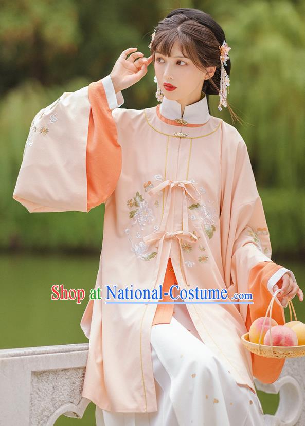 Chinese Ming Dynasty Historical Costumes Traditional Hanfu Apparels Ancient Patrician Lady Pink Gown and Skirt Complete Set