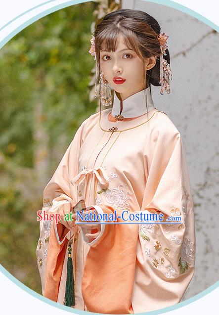 Chinese Ming Dynasty Historical Costumes Traditional Hanfu Apparels Ancient Patrician Lady Pink Gown and Skirt Complete Set