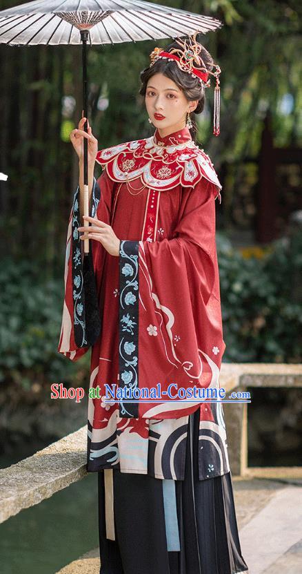 Chinese Ming Dynasty Royal Countess Historical Costumes Traditional Hanfu Apparels Ancient Noble Woman Red Gown and Skirt Full Set