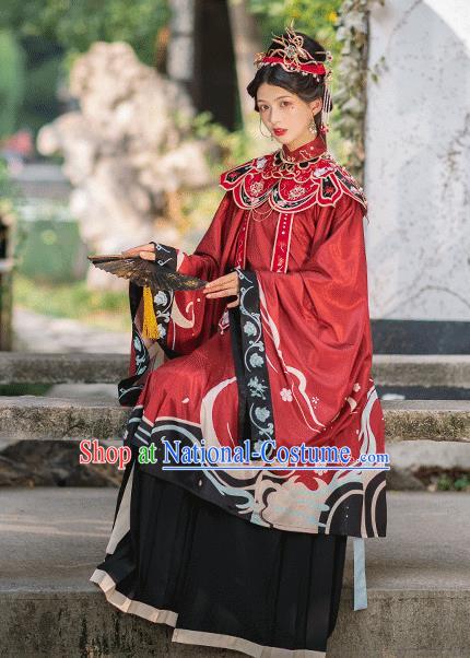 Chinese Ming Dynasty Royal Countess Historical Costumes Traditional Hanfu Apparels Ancient Noble Woman Red Gown and Skirt Full Set