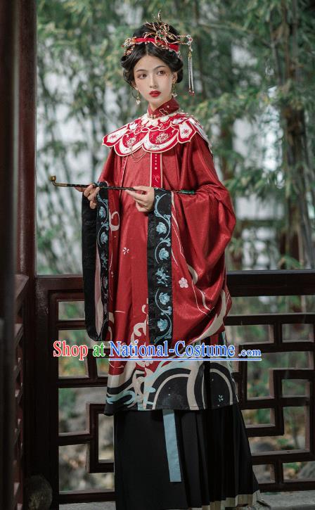 Chinese Ming Dynasty Royal Countess Historical Costumes Traditional Hanfu Apparels Ancient Noble Woman Red Gown and Skirt Full Set