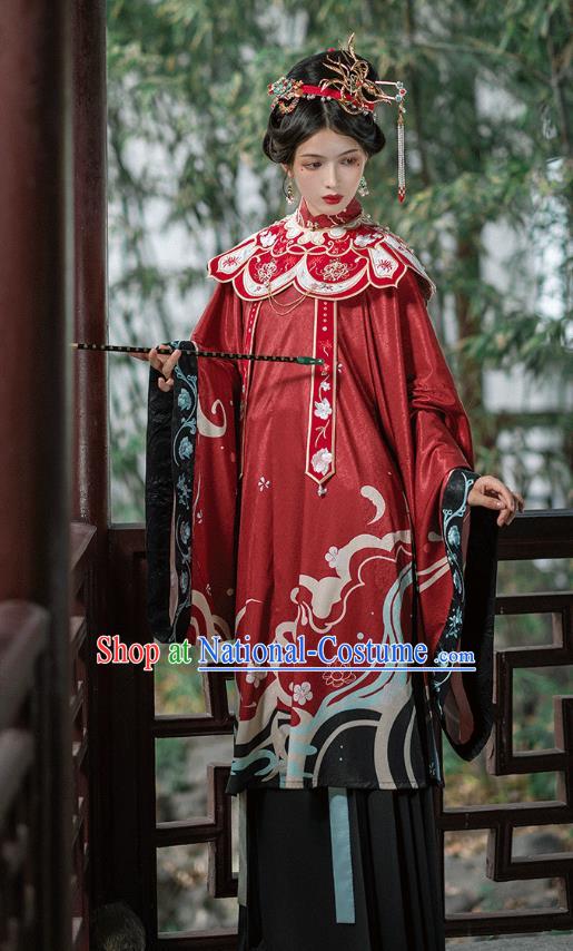 Chinese Ming Dynasty Royal Countess Historical Costumes Traditional Hanfu Apparels Ancient Noble Woman Red Gown and Skirt Full Set