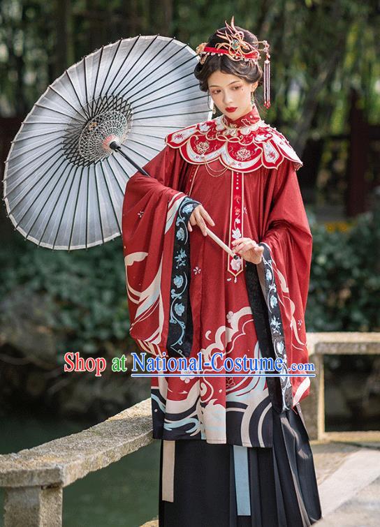 Chinese Ming Dynasty Royal Countess Historical Costumes Traditional Hanfu Apparels Ancient Noble Woman Red Gown and Skirt Full Set