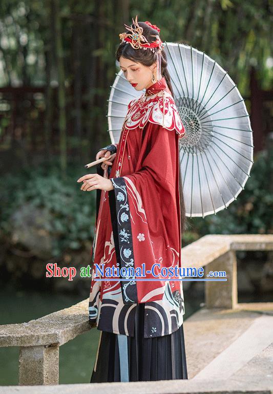 Chinese Ming Dynasty Royal Countess Historical Costumes Traditional Hanfu Apparels Ancient Noble Woman Red Gown and Skirt Full Set