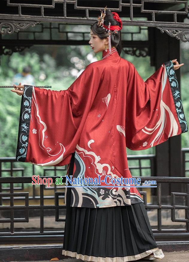 Chinese Ming Dynasty Royal Countess Historical Costumes Traditional Hanfu Apparels Ancient Noble Woman Red Gown and Skirt Full Set