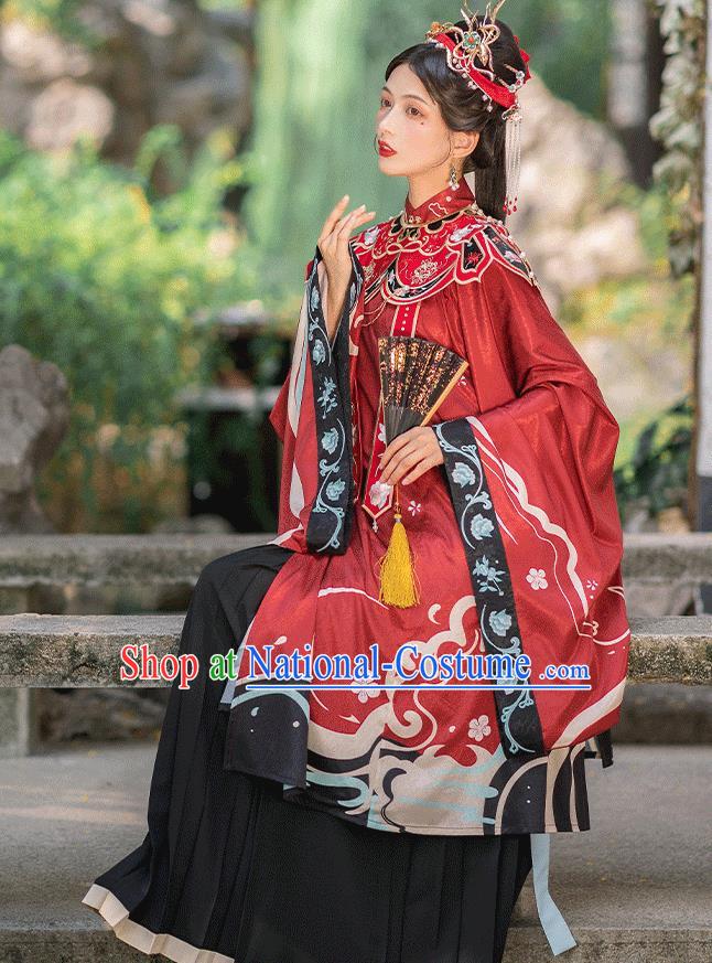 Chinese Ming Dynasty Royal Countess Historical Costumes Traditional Hanfu Apparels Ancient Noble Woman Red Gown and Skirt Full Set