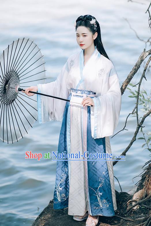 Chinese Ancient Princess White Top Blouse and Skirt Traditional Hanfu Apparels Jin Dynasty Palace Lady Historical Costumes