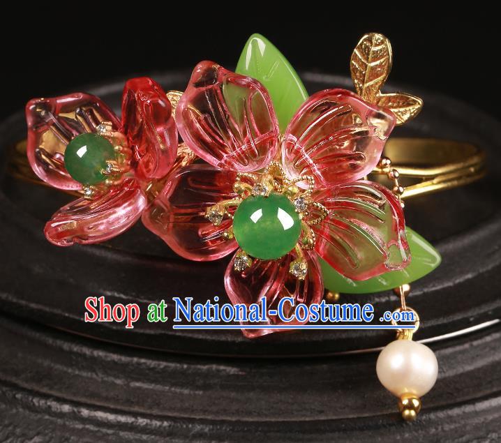 Chinese Handmade Hanfu Red Flowers Bracelet Classical Jewelry Accessories Bangle for Women