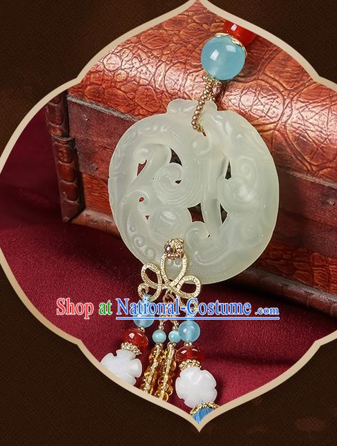 Chinese Classical Jade Carving Waist Accessories Ancient Swordsman Hanfu Blue Tassel Belt Pendant