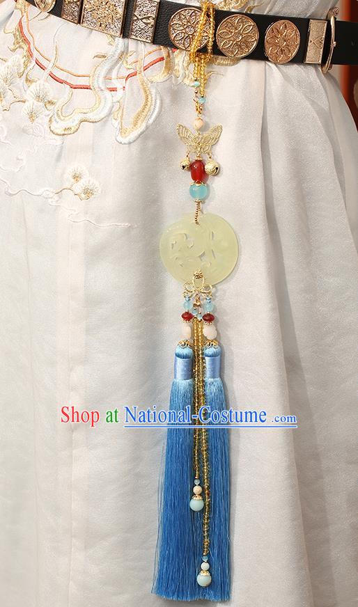 Chinese Classical Jade Carving Waist Accessories Ancient Swordsman Hanfu Blue Tassel Belt Pendant