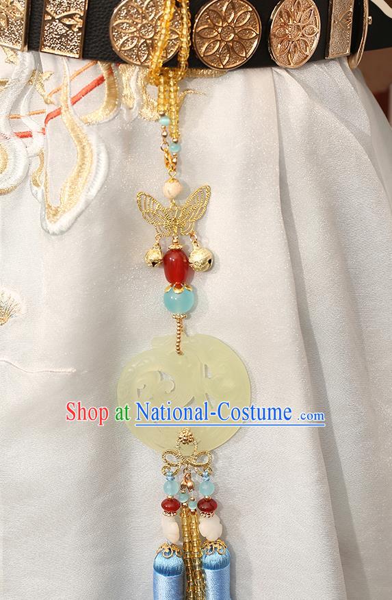 Chinese Classical Jade Carving Waist Accessories Ancient Swordsman Hanfu Blue Tassel Belt Pendant