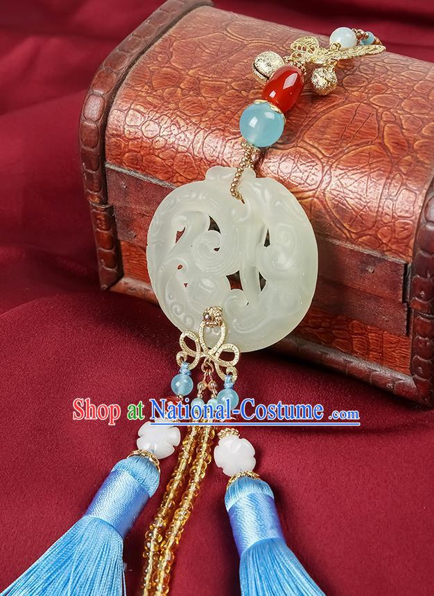 Chinese Classical Jade Carving Waist Accessories Ancient Swordsman Hanfu Blue Tassel Belt Pendant