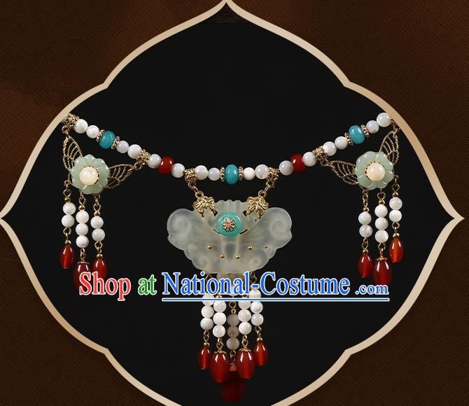 Chinese Handmade Hanfu Jade Butterfly Necklace Classical Jewelry Accessories Red Beads Tassel Necklet for Women