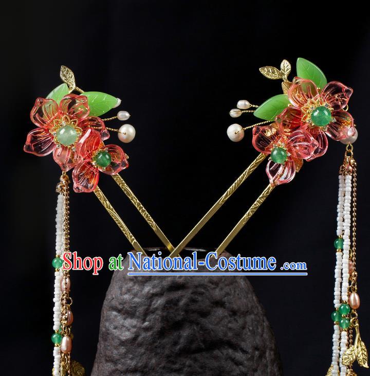 Chinese Classical Red Flowers Hair Clip Hair Accessories Handmade Ancient Court Lady Hanfu Tassel Hairpins for Women