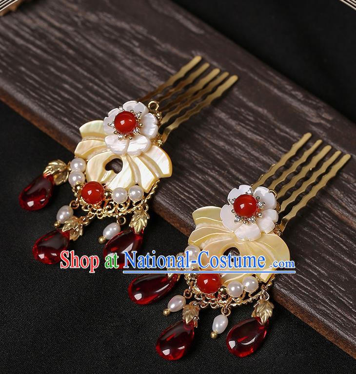 Chinese Classical Shell Flower Hair Comb Hair Accessories Handmade Ancient Court Lady Hanfu Pearls Hairpins for Women