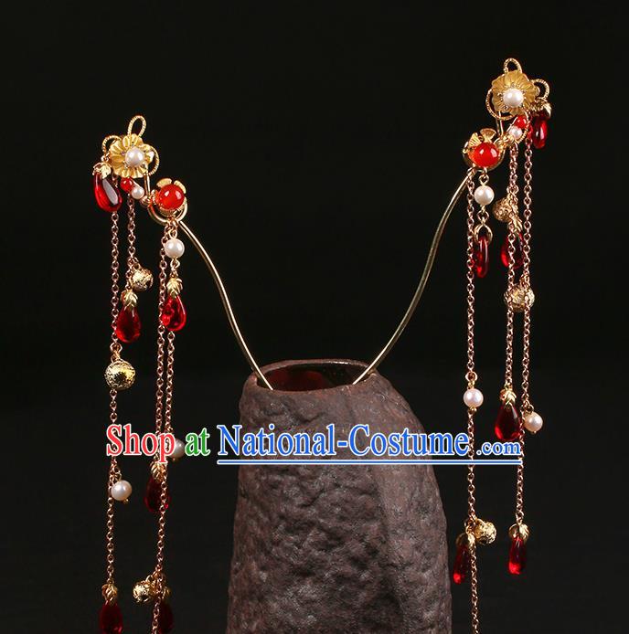 Chinese Classical Golden Bells Tassel Hair Clip Hanfu Hair Accessories Handmade Ancient Court Lady Flower Hairpins for Women