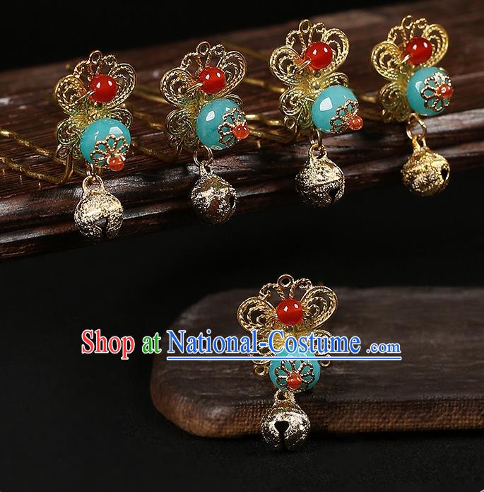 Chinese Classical Ming Dynasty Golden Hair Clips Hair Accessories Handmade Ancient Court Hanfu Bells Tassel Hairpins for Women