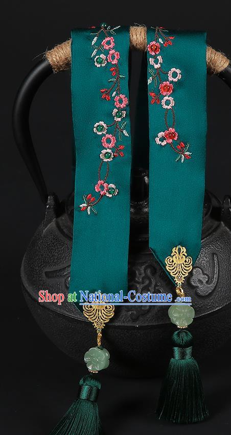 Chinese Classical Embroidered Green Silk Headband Hanfu Hair Accessories Handmade Hairlace for Women