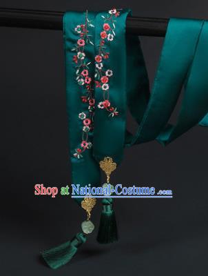 Chinese Classical Embroidered Green Silk Headband Hanfu Hair Accessories Handmade Hairlace for Women