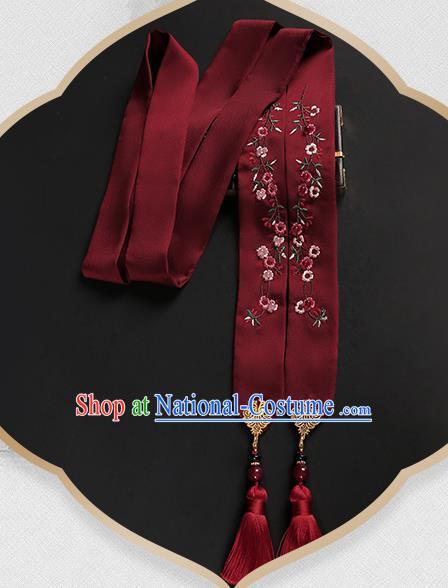 Chinese Classical Embroidered Wine Red Silk Headband Hanfu Hair Accessories Handmade Tassel Bandeau Hairlace for Women