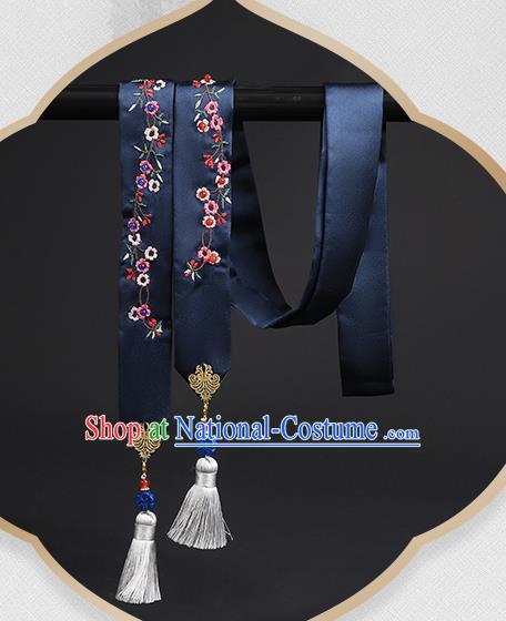 Chinese Classical Embroidered Navy Silk Headband Hanfu Hair Accessories Handmade Tassel Bandeau Hairlace for Women