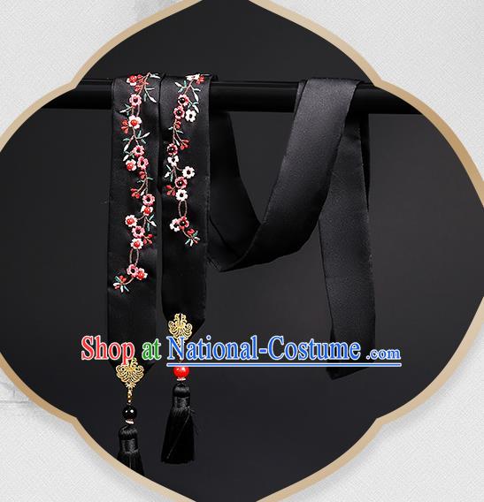 Chinese Classical Embroidered Black Silk Headband Hanfu Hair Accessories Handmade Tassel Bandeau Hairlace for Women