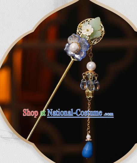 Chinese Classical Blue Flower Hair Clip Hanfu Hair Accessories Handmade Tassel Hairpins for Women