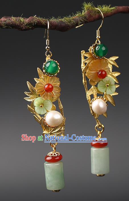 Handmade Chinese Song Dynasty Court Women Ear Accessories Classical Eardrop Ancient Hanfu Jade Earrings