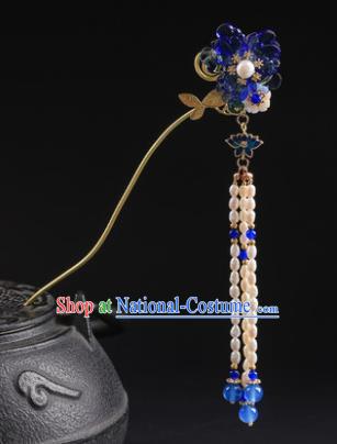 Chinese Classical Qing Dynasty Blue Flower Hair Clip Hanfu Hair Accessories Handmade Ancient Princess Pearls Tassel Hairpins for Women