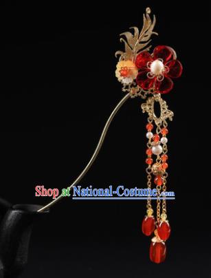 Chinese Classical Qing Dynasty Red Plum Hair Clip Hanfu Hair Accessories Handmade Ancient Princess Tassel Hairpins for Women