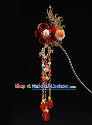 Chinese Classical Qing Dynasty Red Plum Hair Clip Hanfu Hair Accessories Handmade Ancient Princess Tassel Hairpins for Women