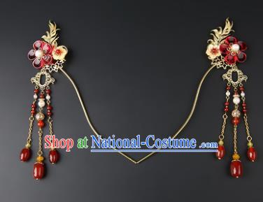 Chinese Classical Qing Dynasty Red Plum Hair Clip Hanfu Hair Accessories Handmade Ancient Princess Tassel Hairpins for Women