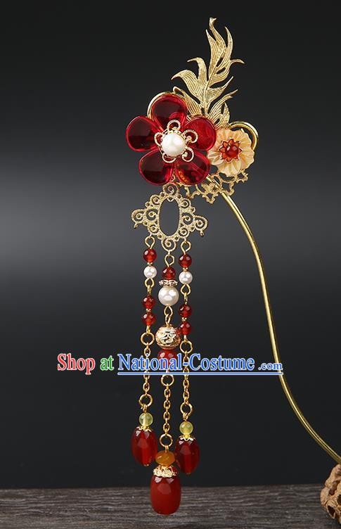 Chinese Classical Qing Dynasty Red Plum Hair Clip Hanfu Hair Accessories Handmade Ancient Princess Tassel Hairpins for Women