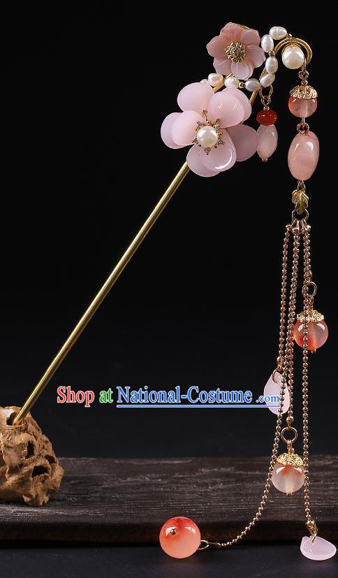 Chinese Classical Pink Plum Hair Clip Hanfu Hair Accessories Handmade Ancient Princess Tassel Hairpins for Women