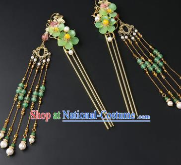 Chinese Classical Green Plum Hair Clip Hanfu Hair Accessories Handmade Ancient Princess Golden Tassel Hairpins for Women