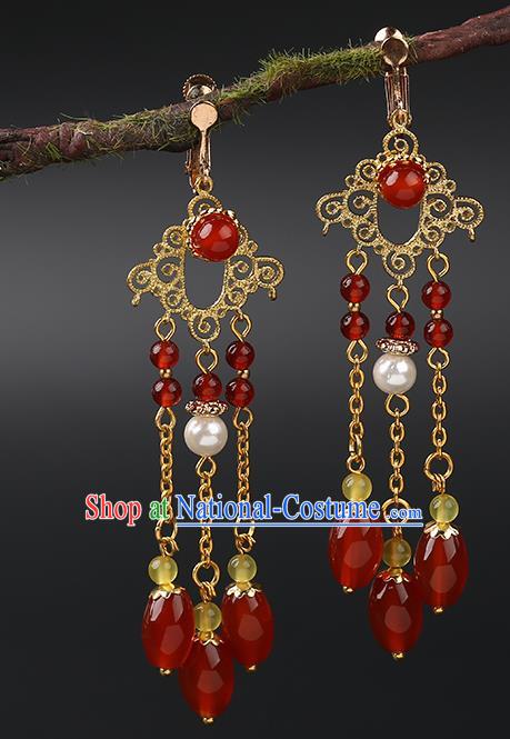 Handmade Chinese Wedding Ear Accessories Classical Eardrop Ancient Women Hanfu Red Beads Tassel Earrings