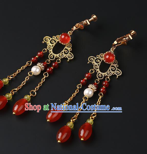 Handmade Chinese Wedding Ear Accessories Classical Eardrop Ancient Women Hanfu Red Beads Tassel Earrings