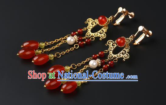 Handmade Chinese Wedding Ear Accessories Classical Eardrop Ancient Women Hanfu Red Beads Tassel Earrings