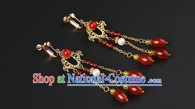 Handmade Chinese Wedding Ear Accessories Classical Eardrop Ancient Women Hanfu Red Beads Tassel Earrings