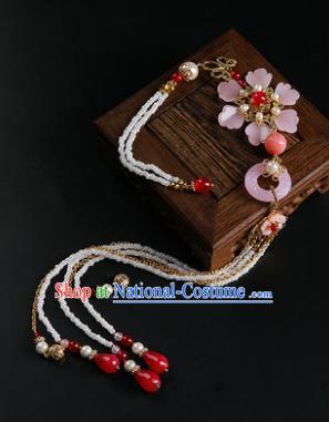 Chinese Classical Pink Flowers Jade Carving Waist Accessories Ancient Princess Hanfu Beads Tassel Belt Pendant