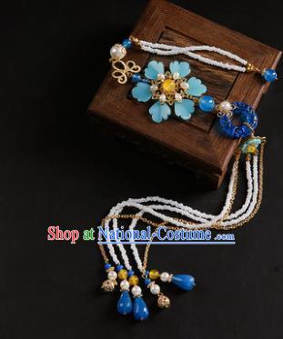 Chinese Classical Blue Flowers Jade Carving Waist Accessories Ancient Princess Hanfu Beads Tassel Belt Pendant