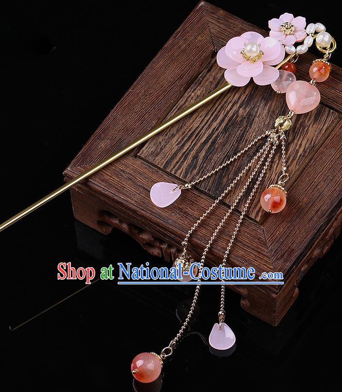 Chinese Classical Pink Flower Hair Clip Hanfu Hair Accessories Handmade Ancient Princess Tassel Hairpins for Women