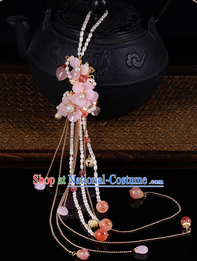 Chinese Classical Hanfu Pearls Tassel Waist Accessories Ancient Princess Pink Flowers Belt Pendant